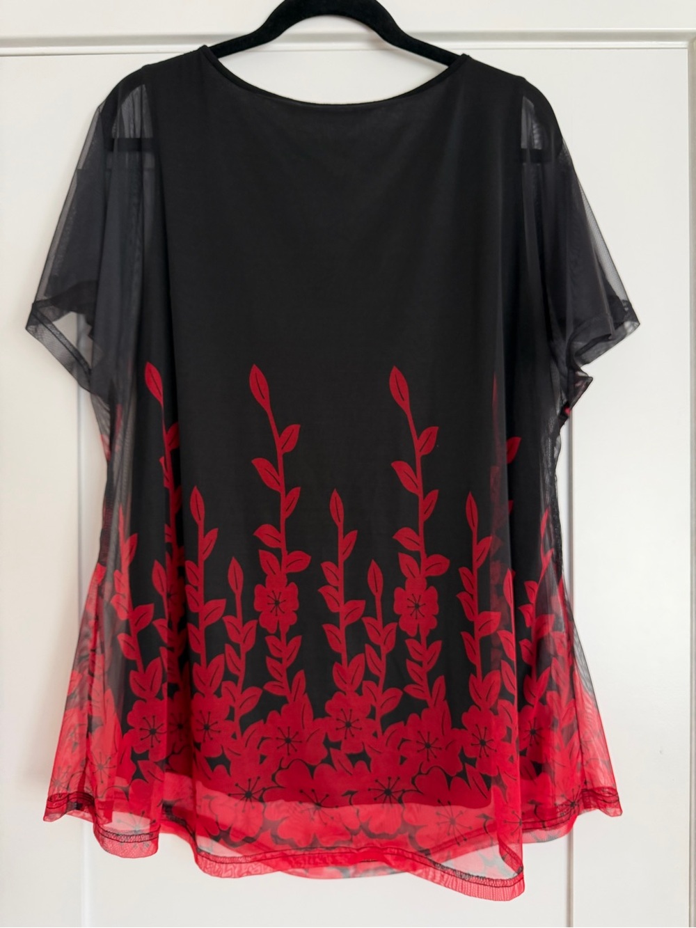 Black Blouse with Red Floral Mesh Overlay - Picture 2 of 7